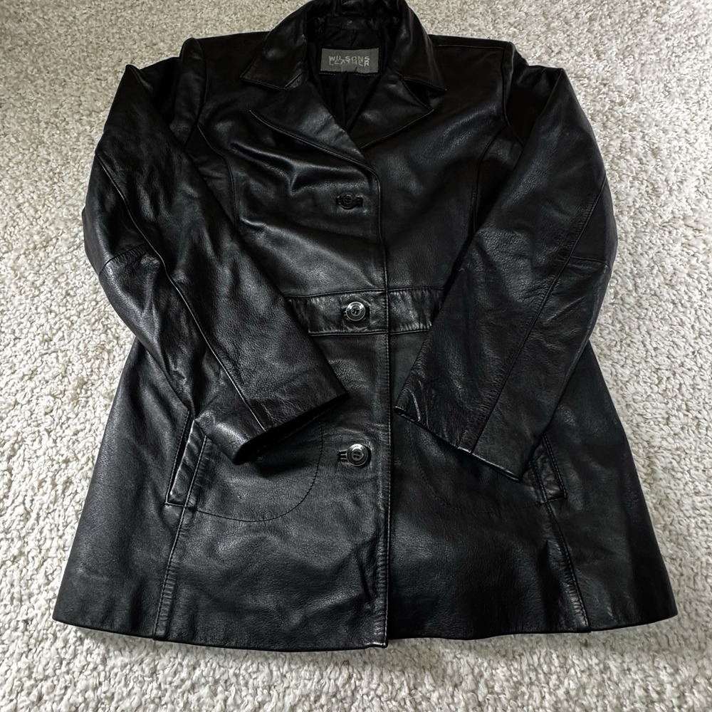 Wilson Leather Jacket Woman's Large Black Genuine Leather Mid-length Button‎ Up